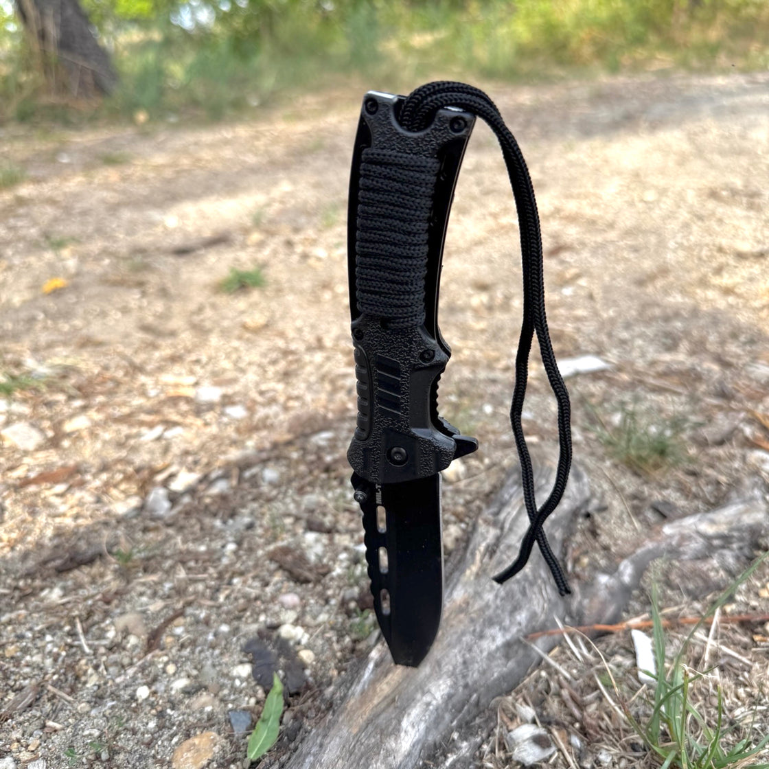 Mil-Tec Black One-Hand Knife with Paracord and Fire Starter