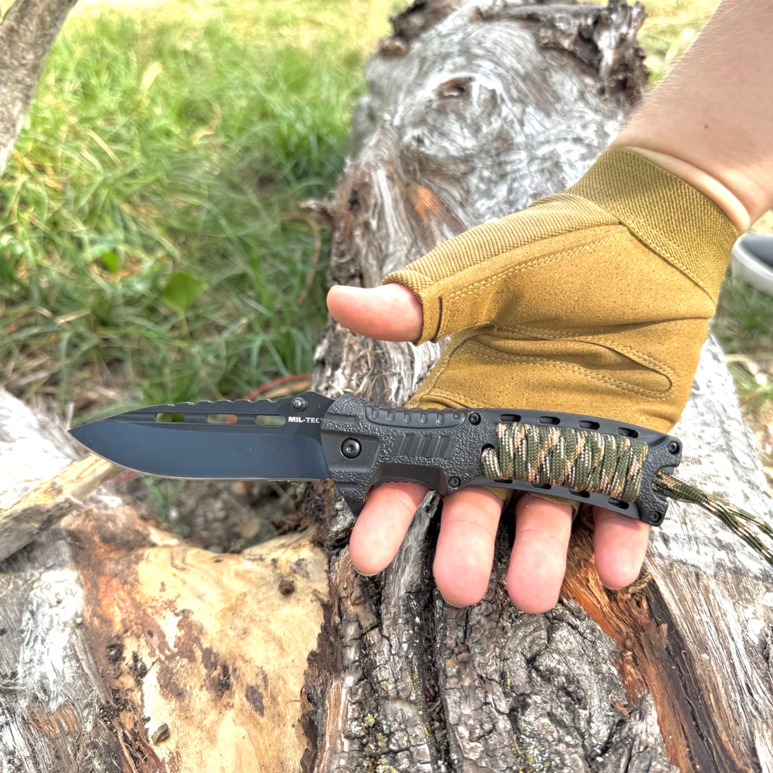 Mil-Tec Camo One Hand Knife with Paracord and Fire Starter
